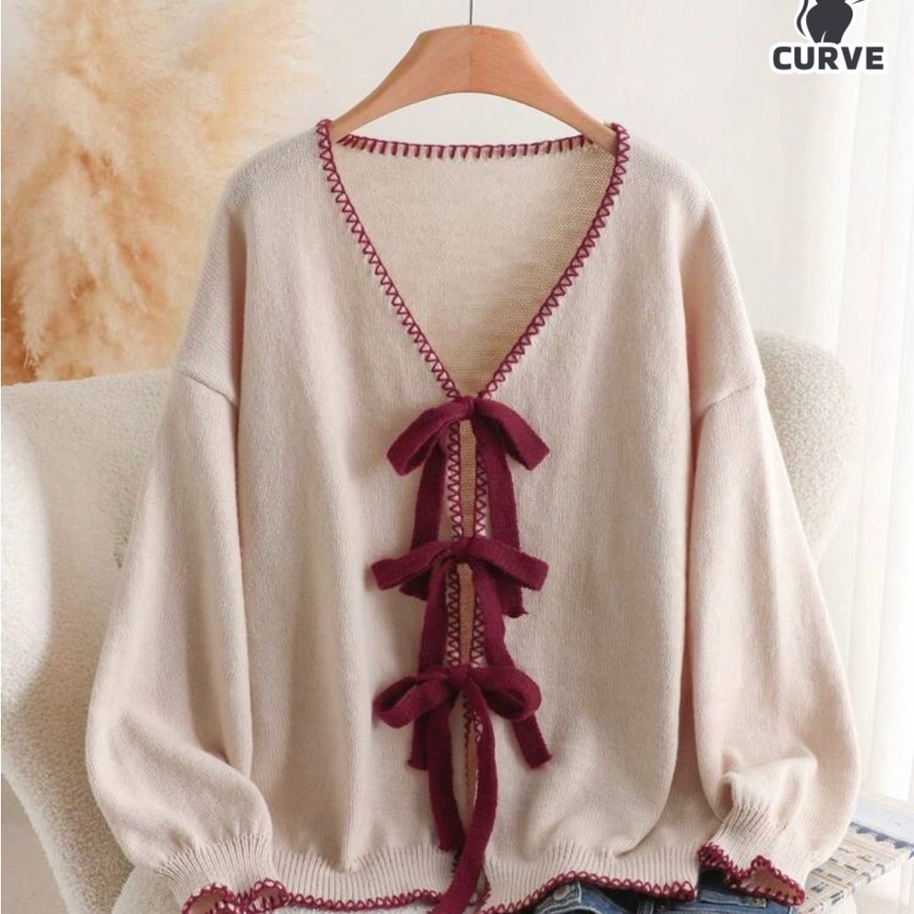 Curve Women's Cream Sweater with Burgundy Bow Trim